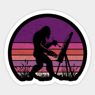 Bigfoot Sasquatch Painting A Forest Landscape Vintage Sunset Painter Sticker